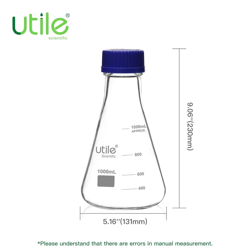 UTILE 2 Pcs 1000ml Glass Erlenmeyer Flask with Blue Cap, Narrow Mouth Erlenmeyer Flasks, Borosilicate 3.3 Glass Conical Flask for Lab Experiment Chemistry Science,4016.0781.2 - Image 3